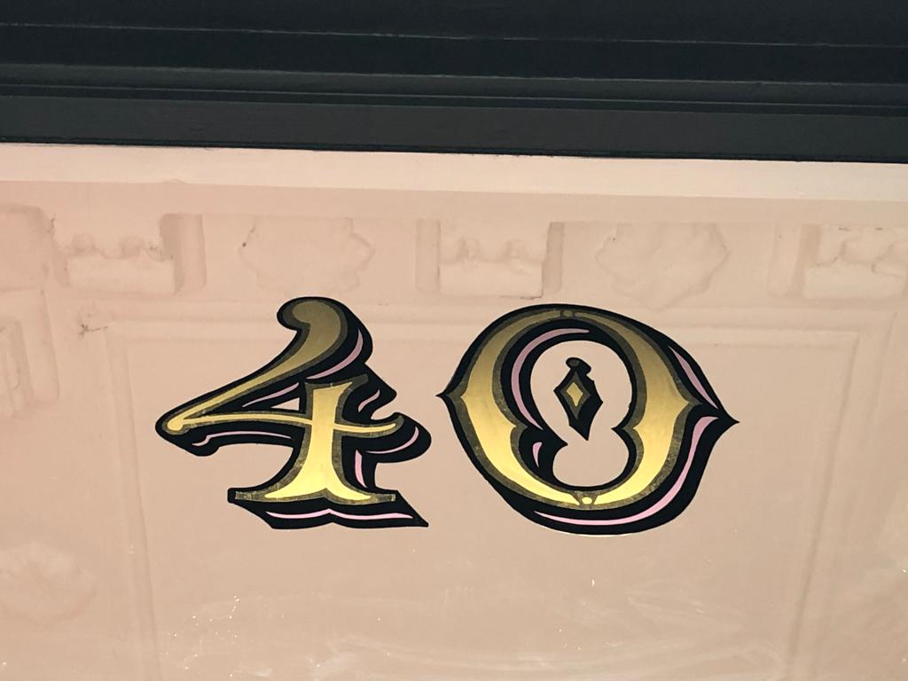 Gold leaf ornate door numbers sign writing hand painted by NGS