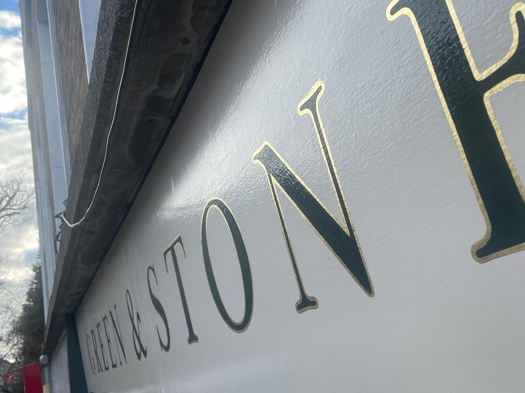 'Green & Stone' sign writing NGS 112 Fulham Road, London.