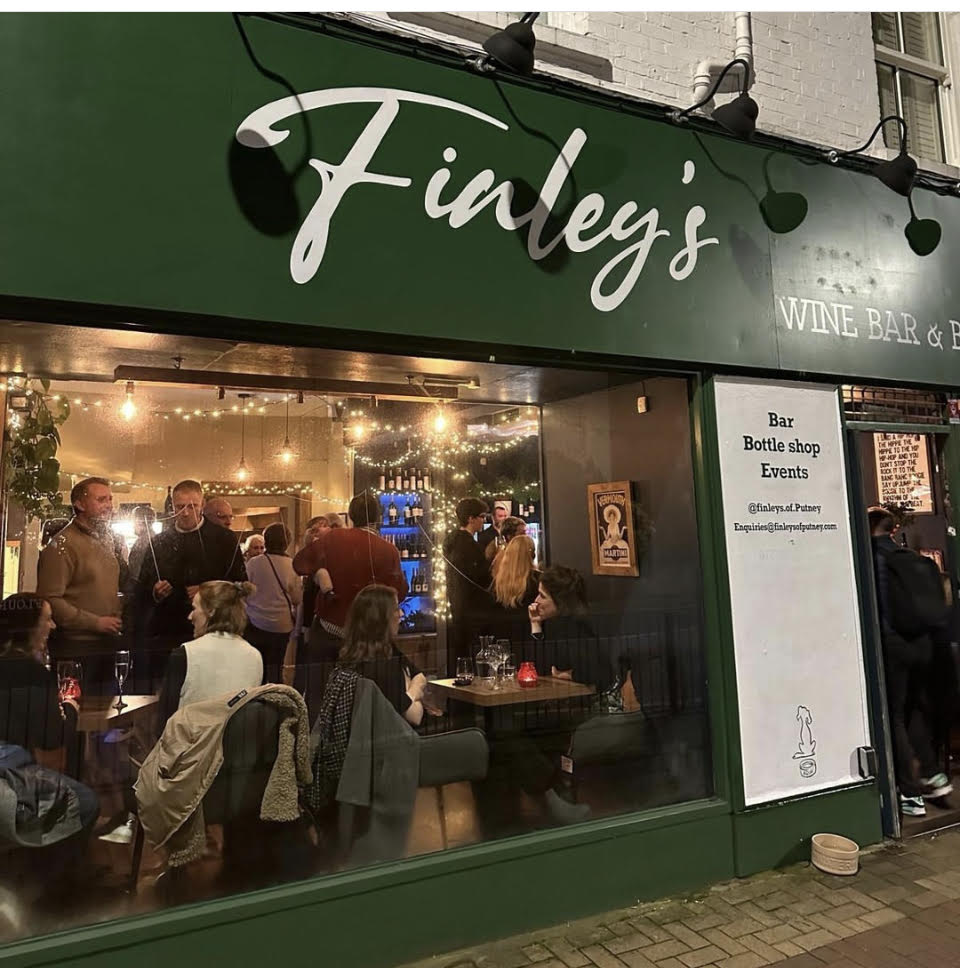 Wine Bar cafe bistro painted signs by NGS. Finley's of Putney