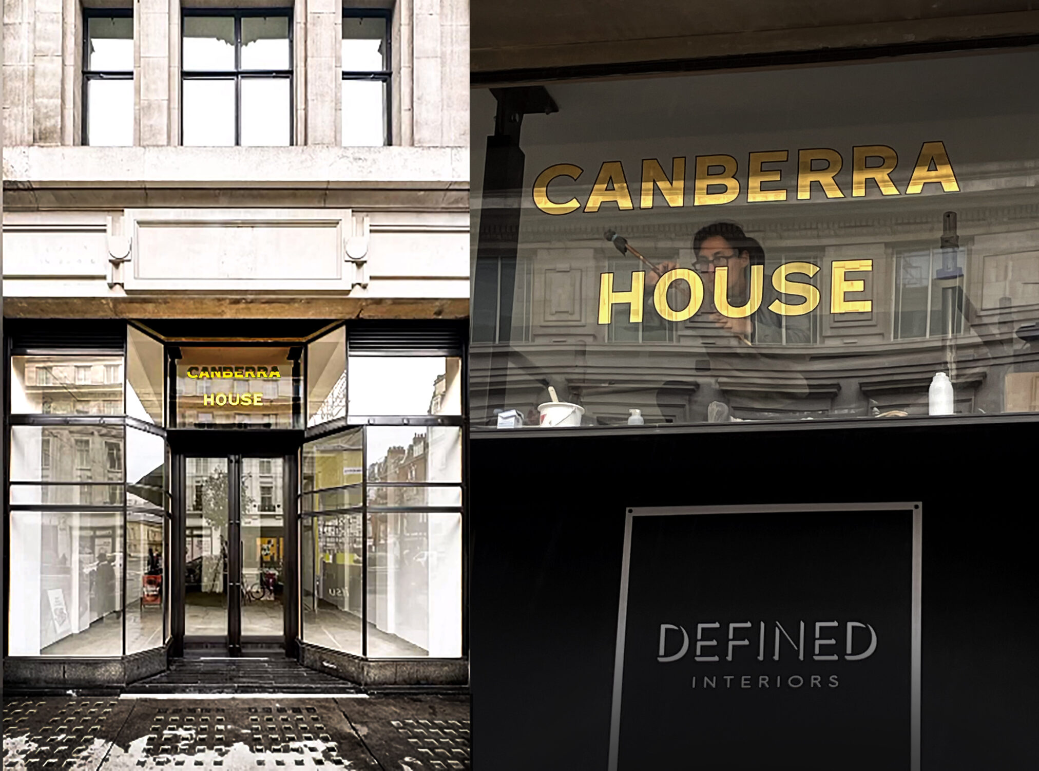 Canberra House regent street, Gold Restored Caslon Soho Bold Lettering Bond Street NGS. Specialist vintage lettering artists. retro vintage signage brand design