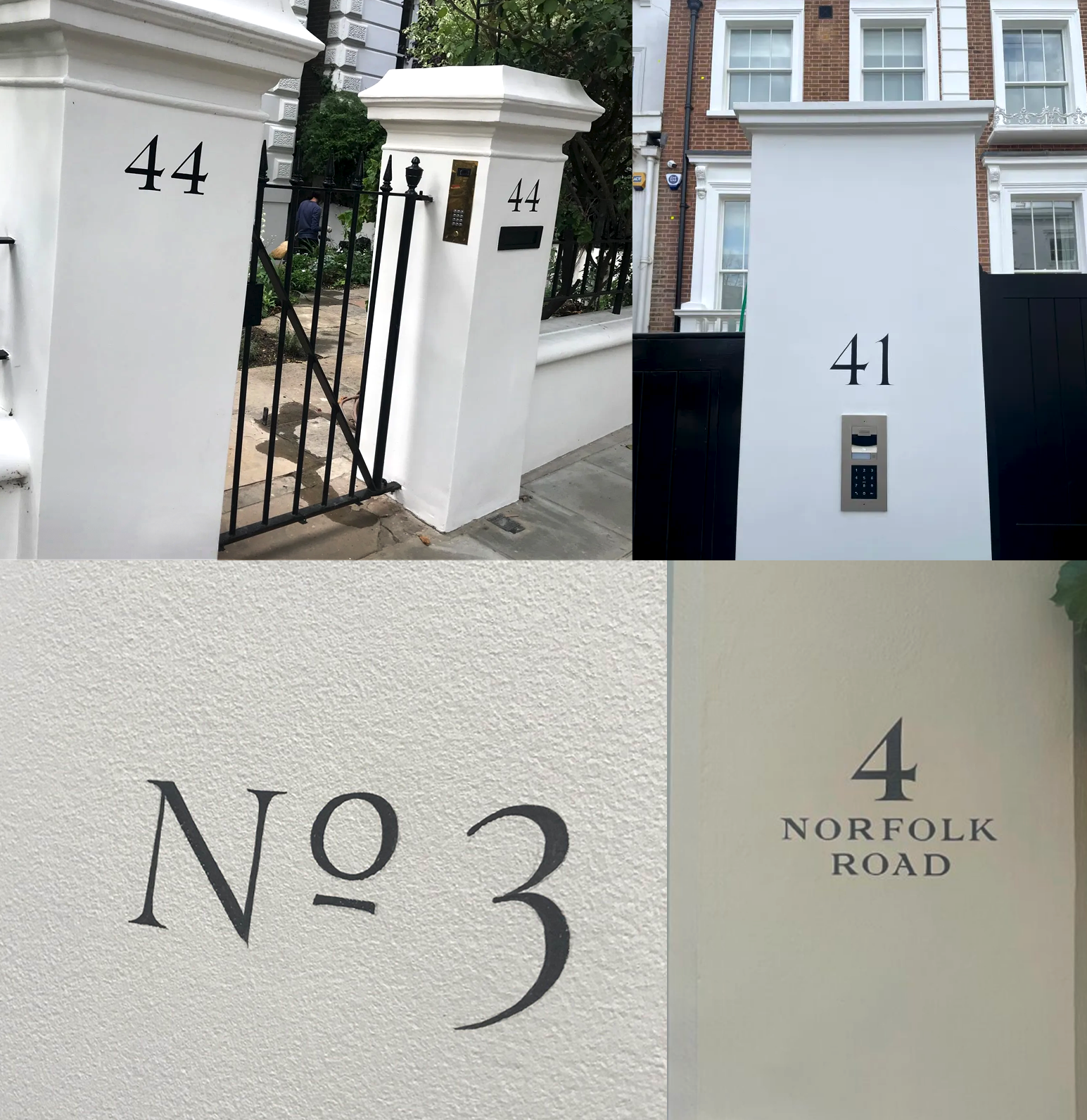 NGS Painted House numbers on rough Stucco. 44, Notting Hill, names Traditional sign writers of London NGS Dulwich Margate Chelsea signwriters