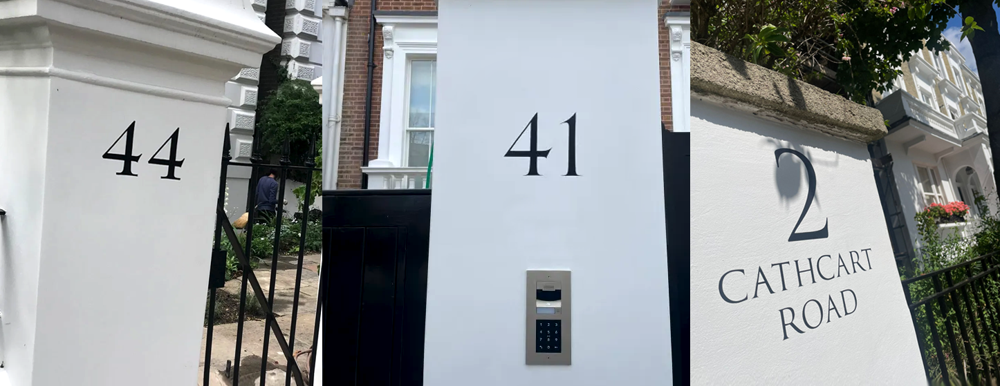 Vintage retro hand painted House Numbers, Notting hill signpainter, t house number sign writing