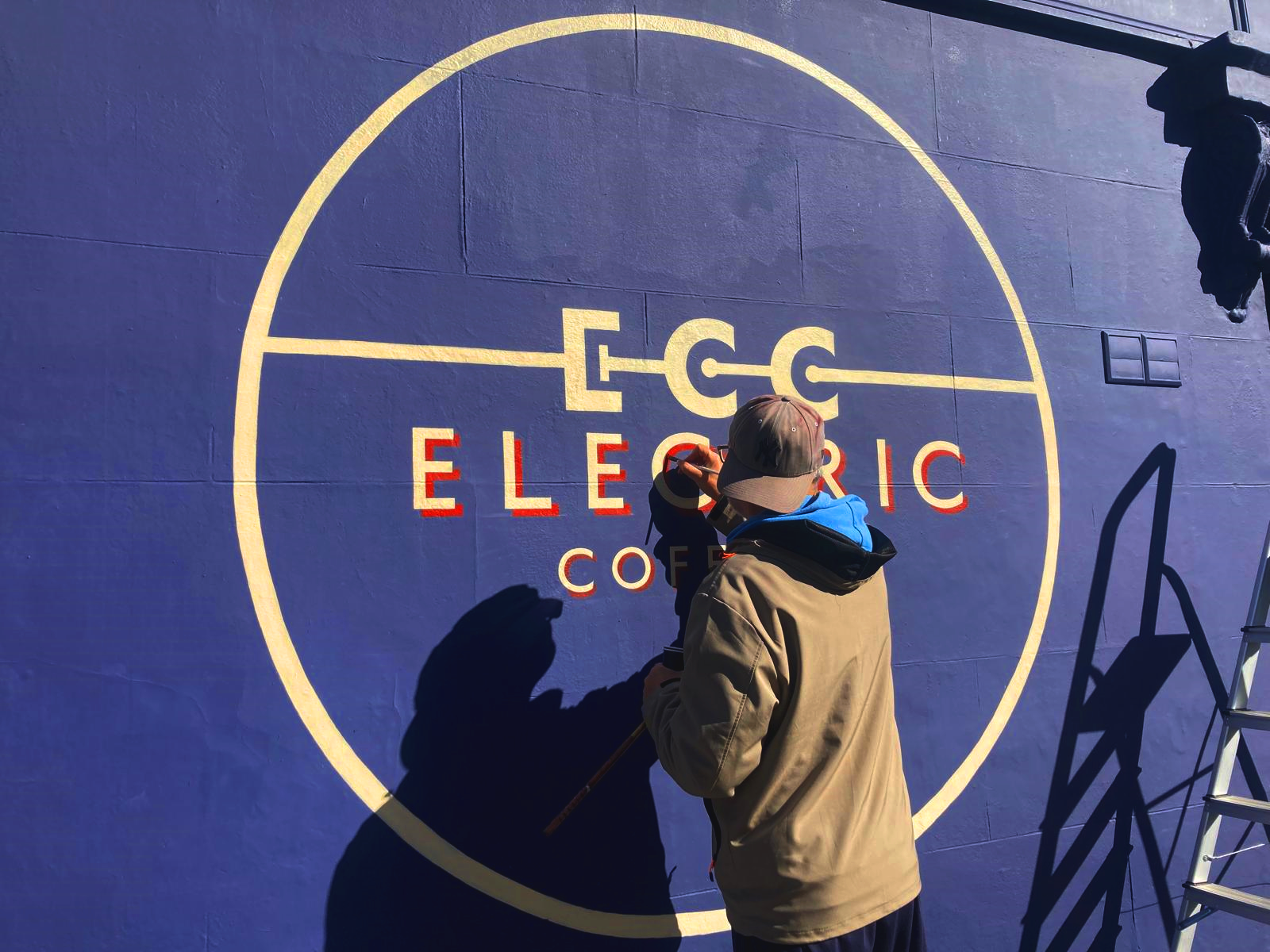 NGS Restoration Sign Writers, Cafe Electric Coffee Co, wall mural, lettering NGS Sign writing, London, Chelsea, Chiswick, Putney, Dulwich, cafes, hampstead, sign painters, NGS near us .NGS, sign writing London,